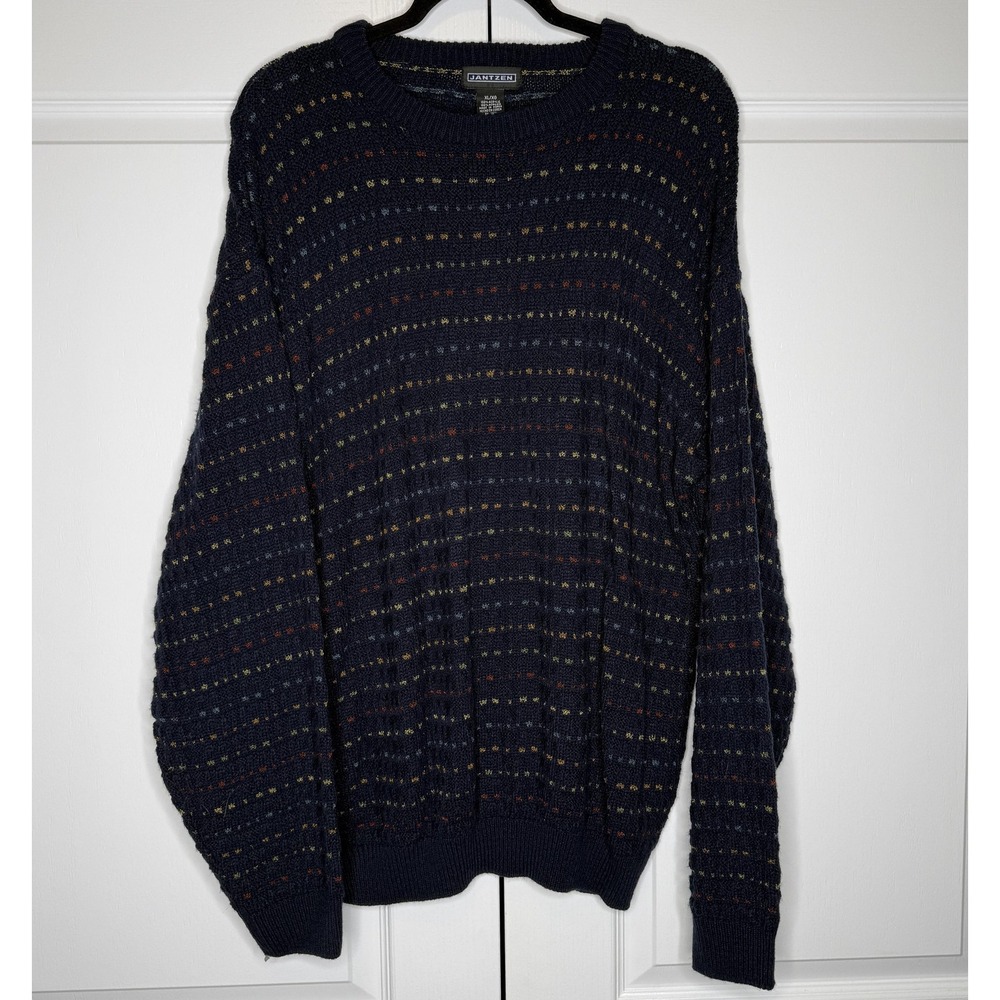 Jantzen Sweater Mens XL Blue Waffle Knit Multicolor Stripe Crewneck Pullover